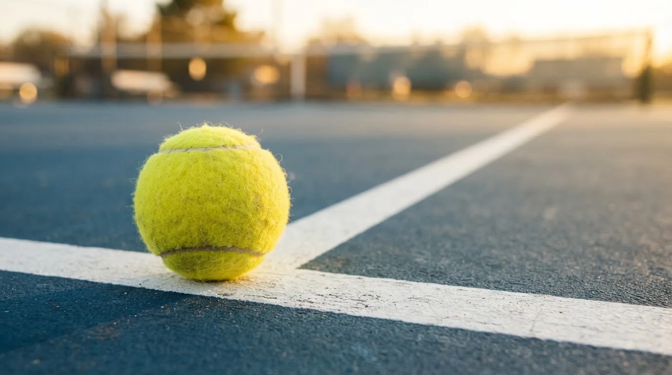 Ein Tennisball liegt in Nahaufnahme auf einer Grundlinie, dahinter verschwimmt ein leerer Platz in warmem Licht.