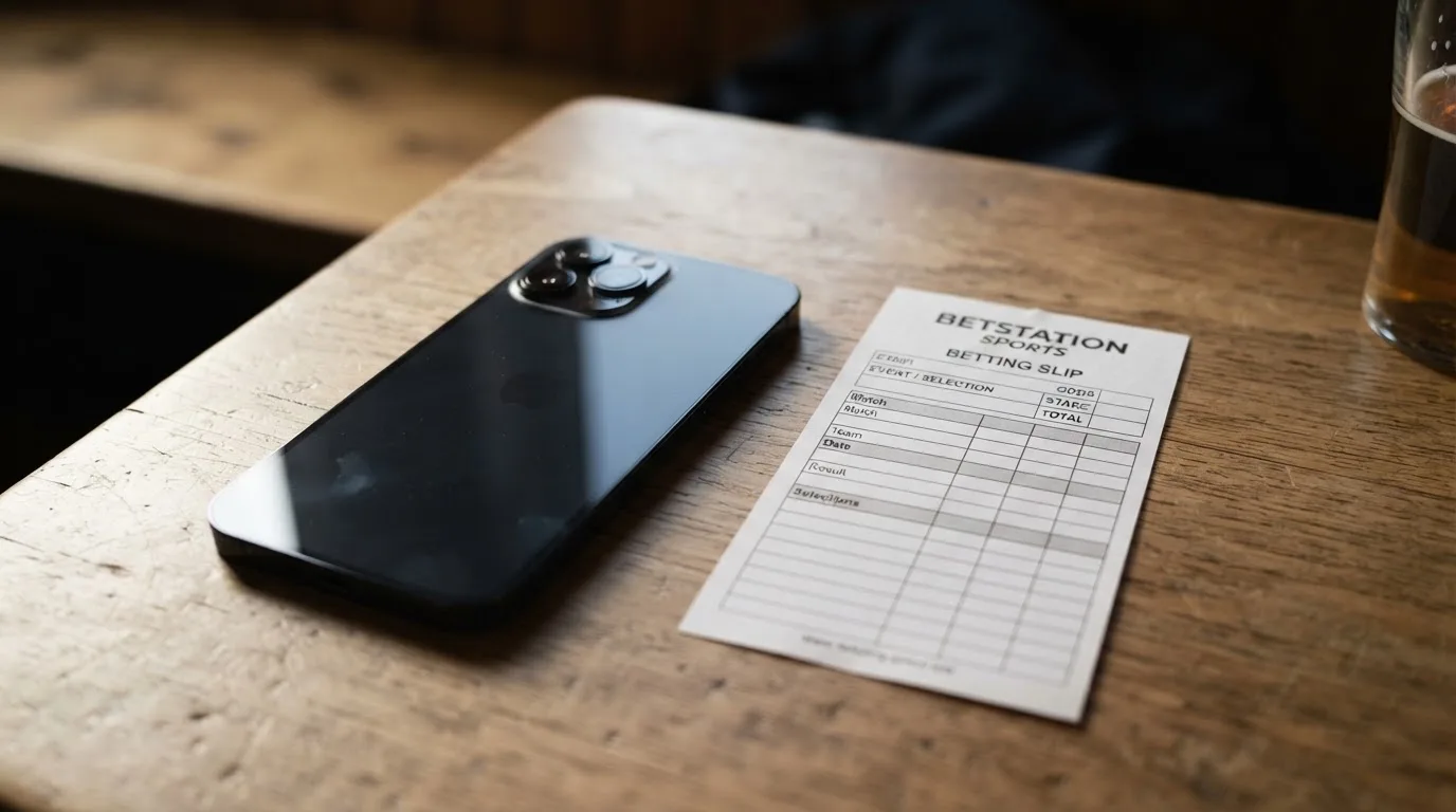 Ein Smartphone mit dunklem Display liegt neben einem leeren Papier-Wettschein auf einem Tisch, Licht fällt von der Seite.
