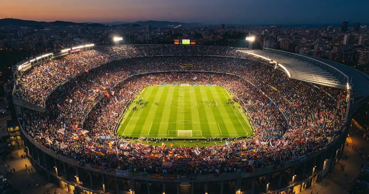 Ein riesiges Stadion in der Abenddämmerung aus der Vogelperspektive gesehen, die Lichter an den Rängen sind eingeschaltet.
