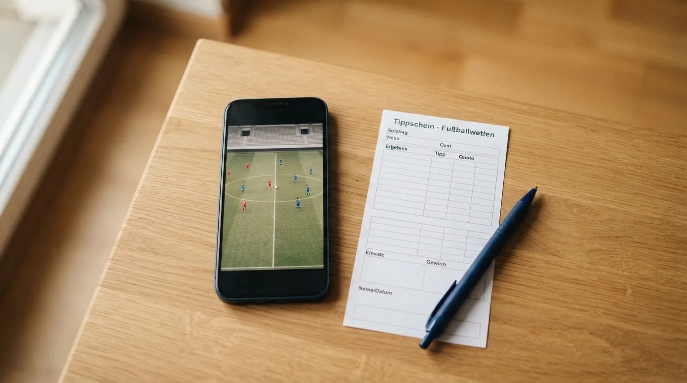 Ein Smartphone liegt mit dunklem Display neben einem leeren Papier-Wettschein und einem Stift auf einem Holztisch.