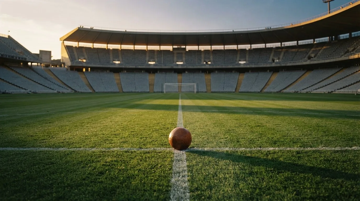 Ein Fußball liegt auf dem Anstoßpunkt eines Rasenplatzes, dahinter eine leere Tribüne im Abendlicht.