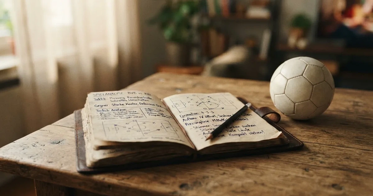 Ein Notizbuch mit handschriftlichen Notizen und einem Bleistift liegt auf einem Holztisch, daneben ein kleiner Fußball im Tageslicht.