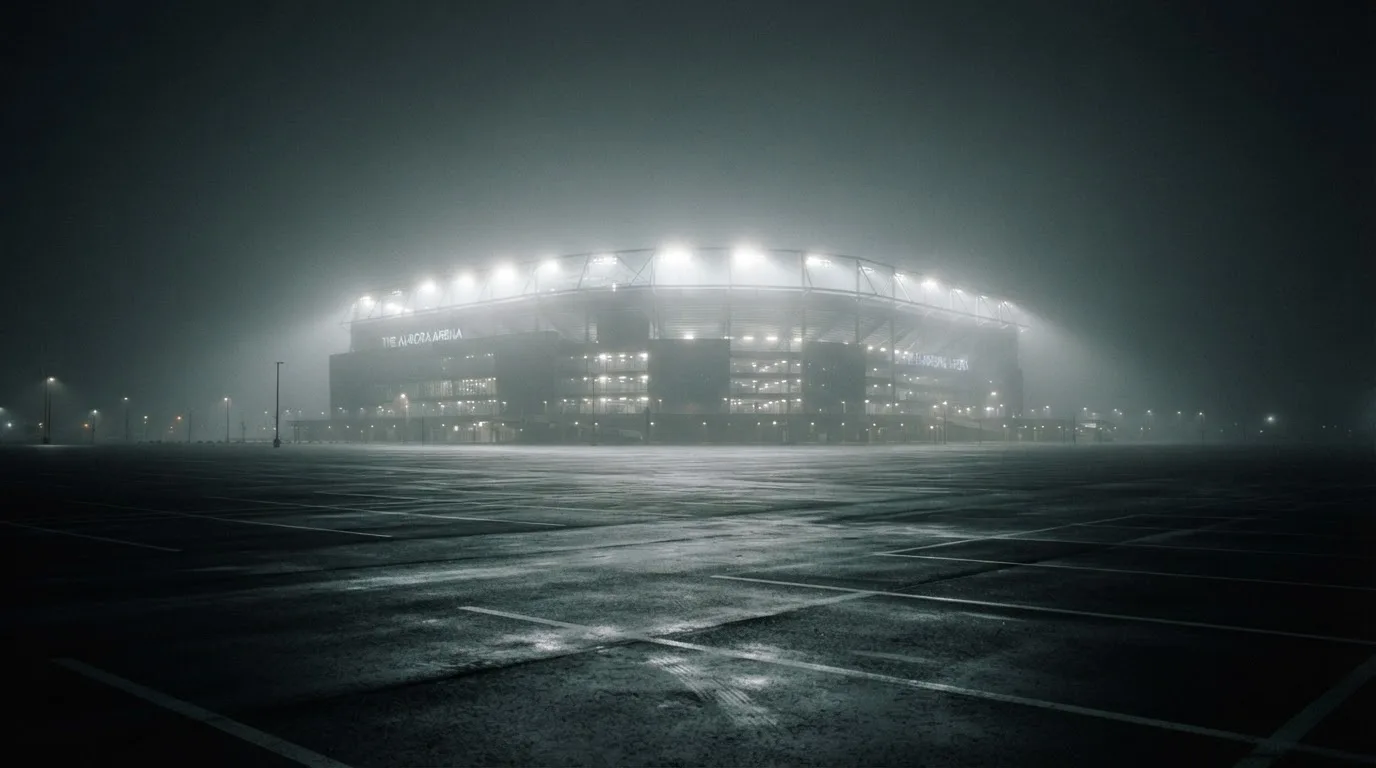 Ein Stadion unter Flutlicht aus der Ferne gesehen, davor ein stiller Parkplatz bei Nebel.