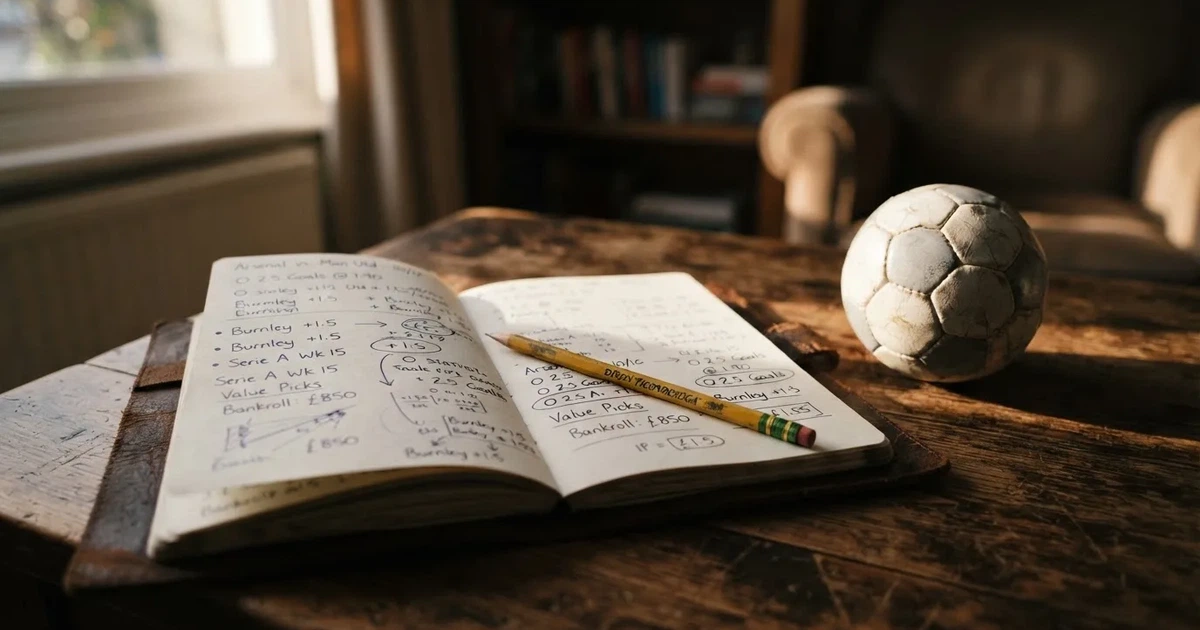 Ein Notizbuch mit handschriftlichen Notizen und einem Bleistift liegt auf einem Holztisch, daneben ein kleiner Fußball im Tageslicht.