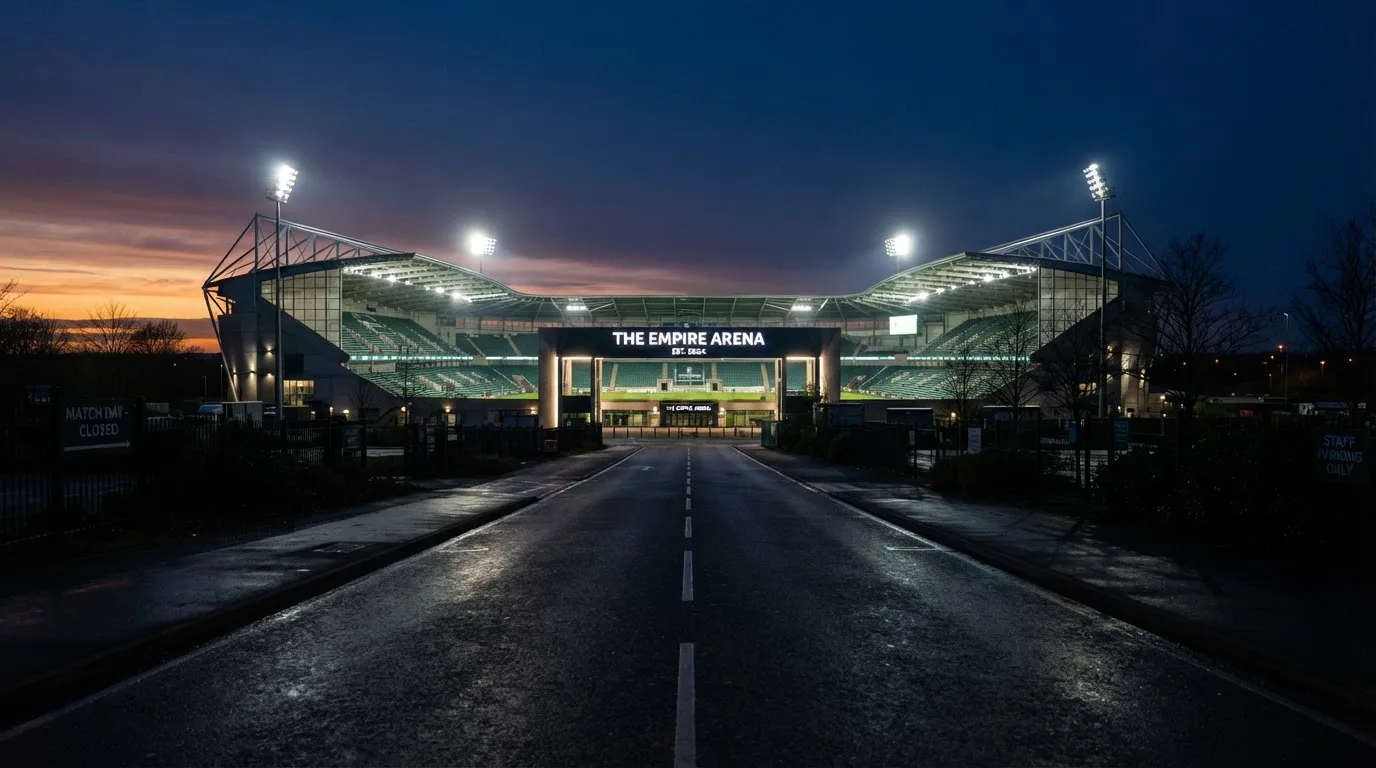 Ein Stadion unter Flutlicht aus großer Entfernung, davor eine leere Straße in der Abenddämmerung.