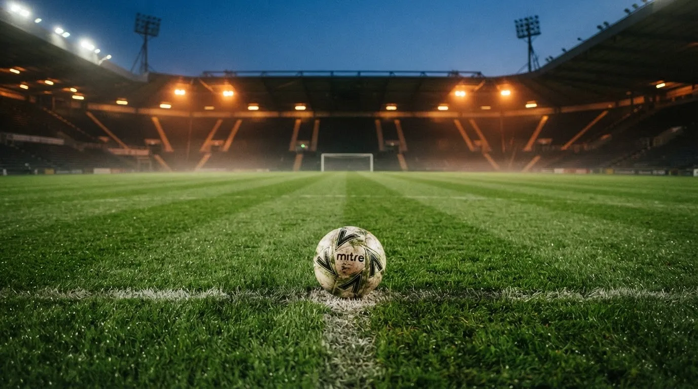 Ein Fußball liegt auf dem Anstoßpunkt eines Rasenplatzes, dahinter eine leere Tribüne im Abendlicht.