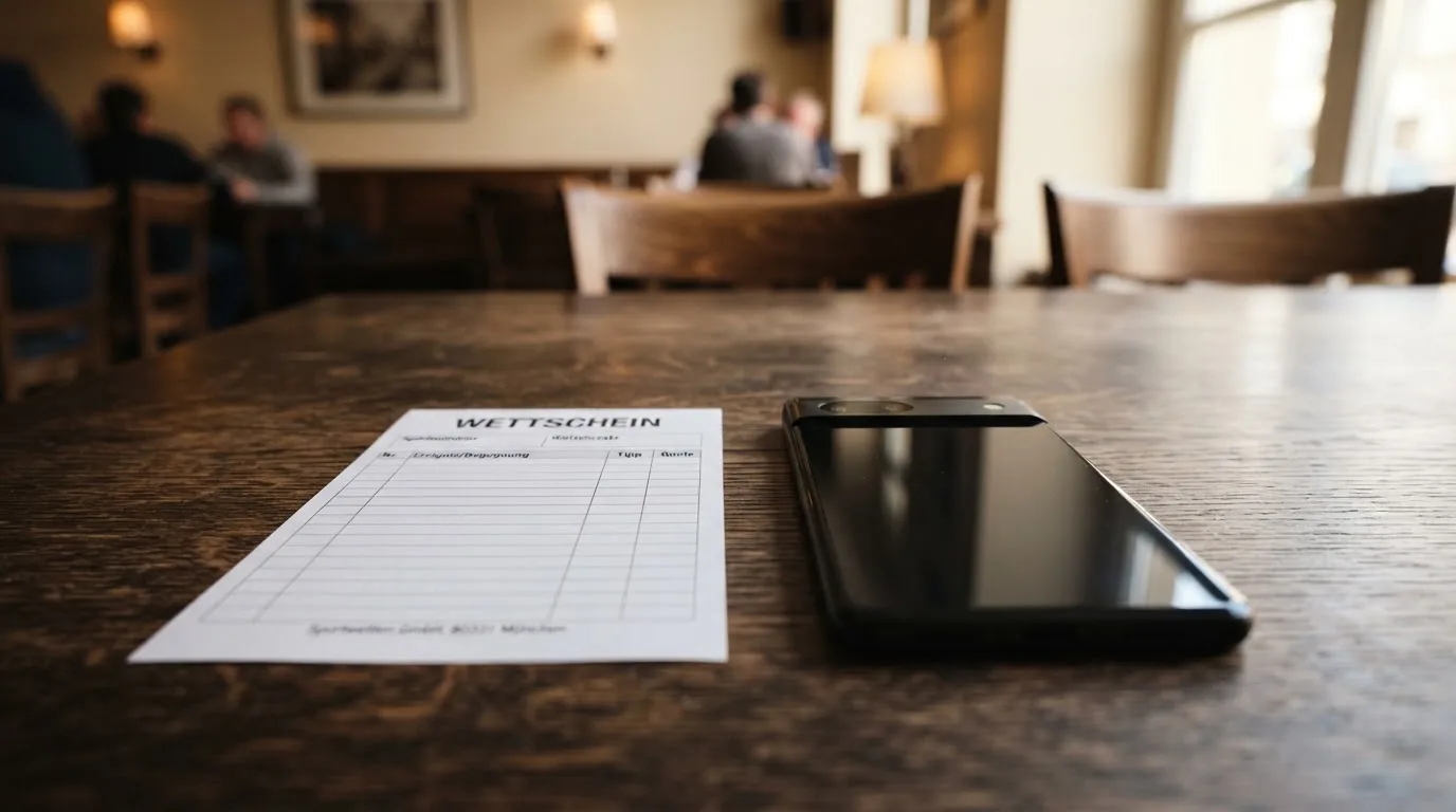 Ein Smartphone mit dunklem Display liegt neben einem leeren Papier-Wettschein auf einem Holztisch, Licht fällt von der Seite.
