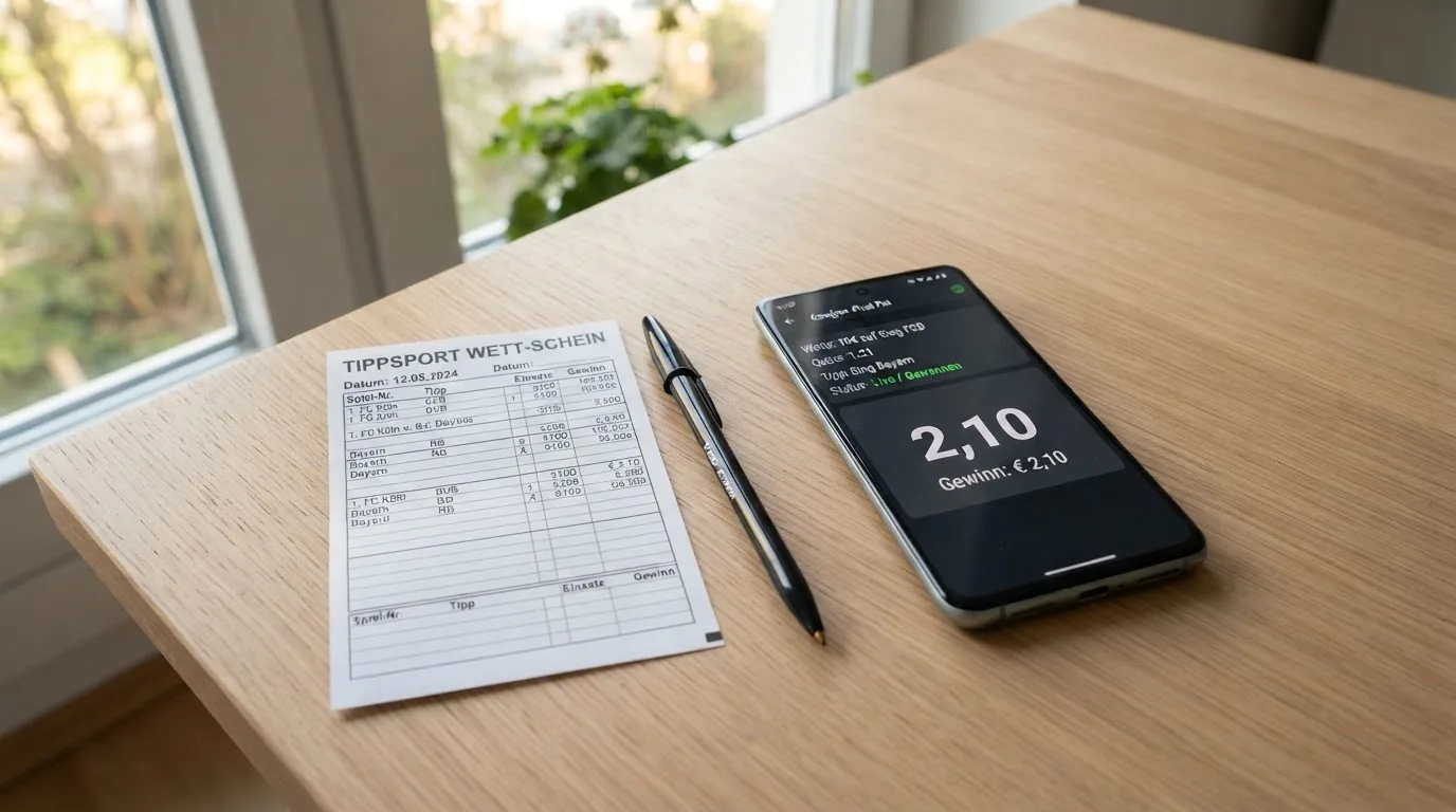 Ein leerer Papier-Wettschein und ein Kugelschreiber liegen neben einem Smartphone mit dunklem Display auf einem Schreibtisch am Fenster.