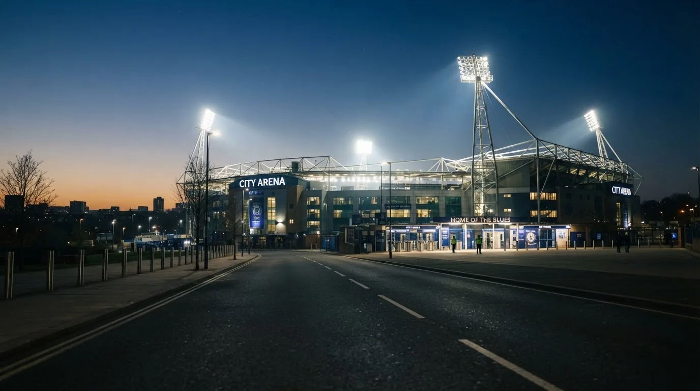 Ein Stadion unter Flutlicht aus großer Entfernung, davor eine leere Straße in der Abenddämmerung.
