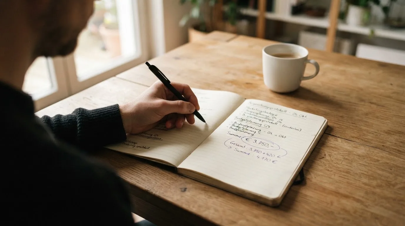 Ein Notizbuch mit handschriftlichen Notizen und ein Taschenrechner stehen auf einem Schreibtisch, daneben eine Tasse.