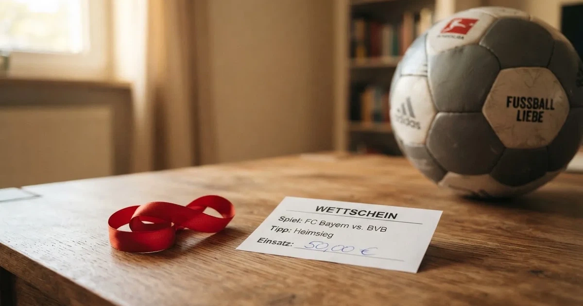 Ein kleines Geschenkband liegt neben einem Fußball und einem leeren Papier-Wettschein auf einem Holztisch im Tageslicht.