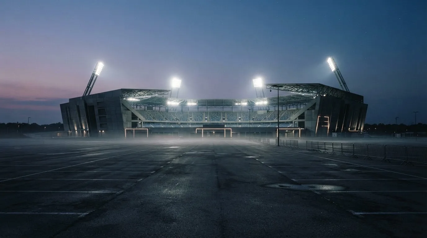 Ein Stadion unter Flutlicht aus der Ferne gesehen, davor ein leerer Parkplatz im Dunst.