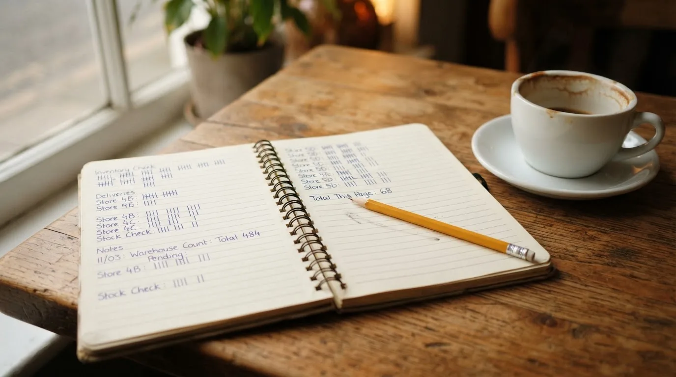 Ein Notizbuch mit handgeschriebenen Strichlisten liegt neben einem Bleistift und einer Kaffeetasse auf einem Holztisch.