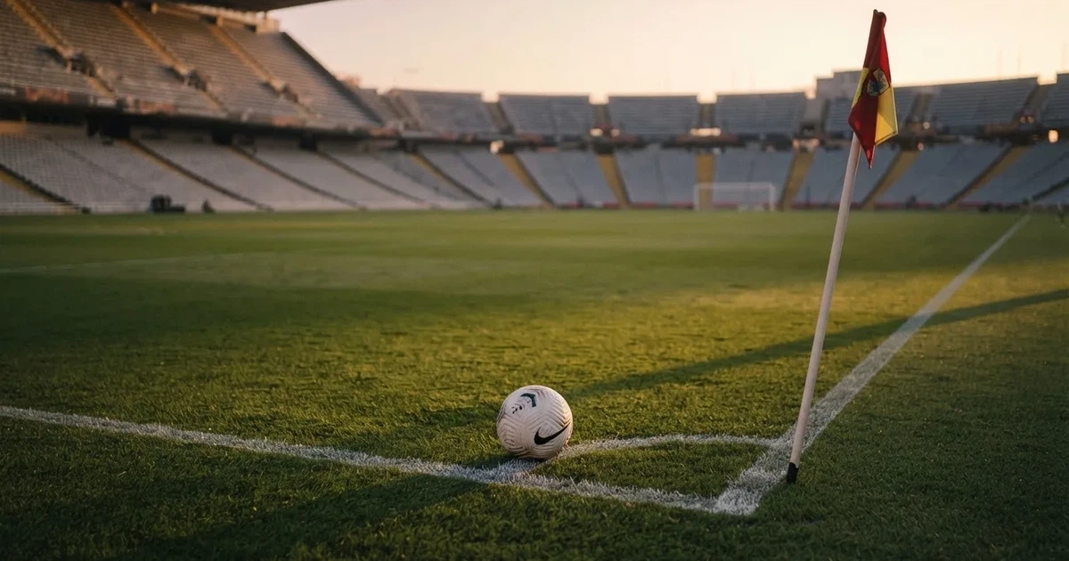 Ein Fußball liegt am Viertelkreis an der Eckfahne eines Rasenplatzes, im Hintergrund leere Tribünen in warmem Abendlicht.