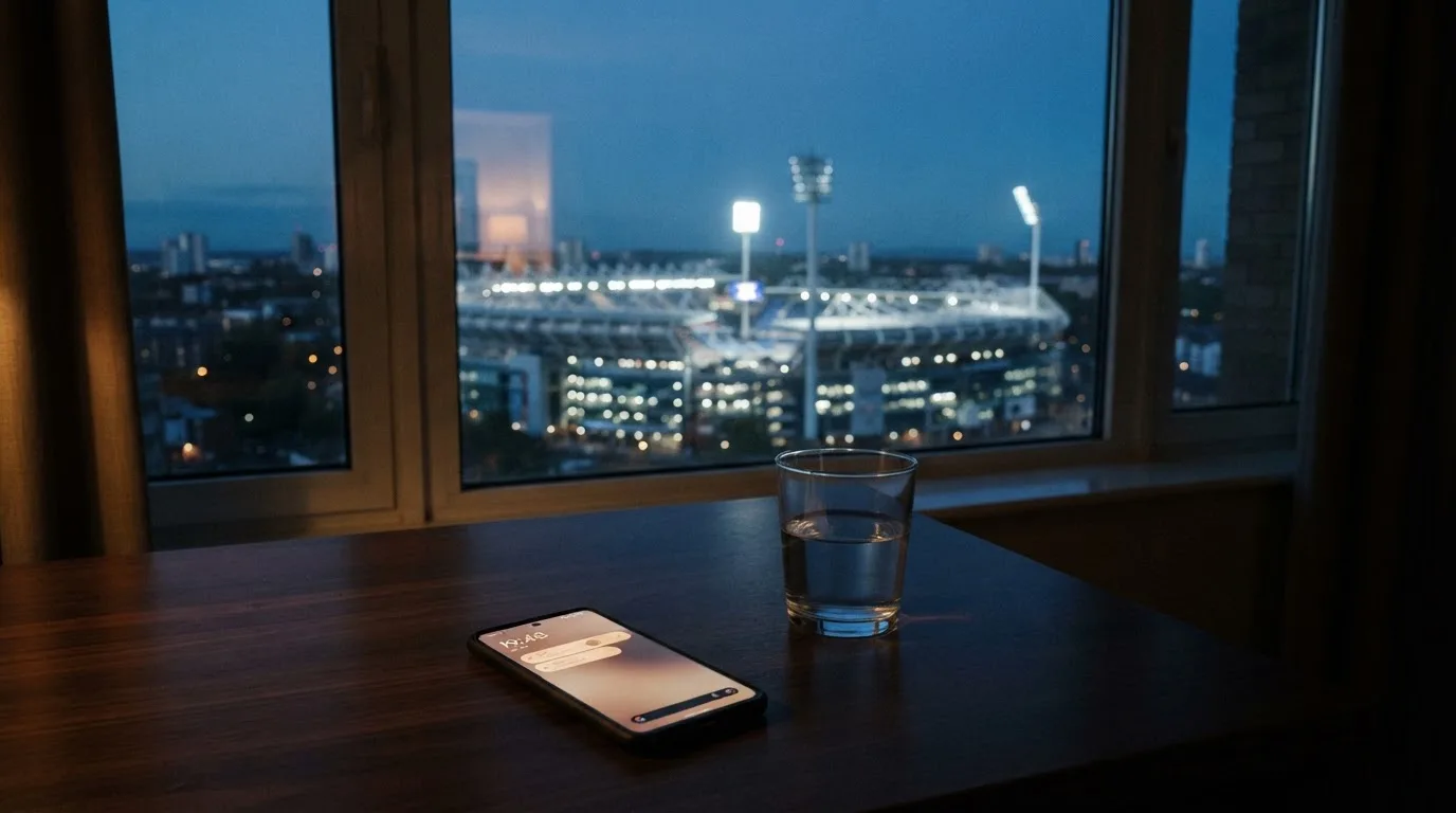 Ein Smartphone mit dunklem Display liegt auf einem Schreibtisch neben einem Glas Wasser, im Fenster dahinter ein Stadion im Dämmerlicht.