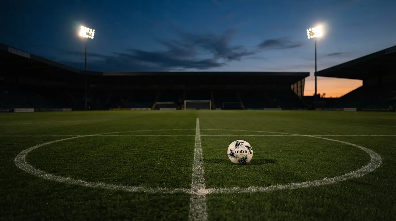 Ein Fußball liegt auf dem Mittelkreis eines leeren Rasenplatzes unter Flutlicht am frühen Abend, die Tribünen sind nur schemenhaft zu erkennen.