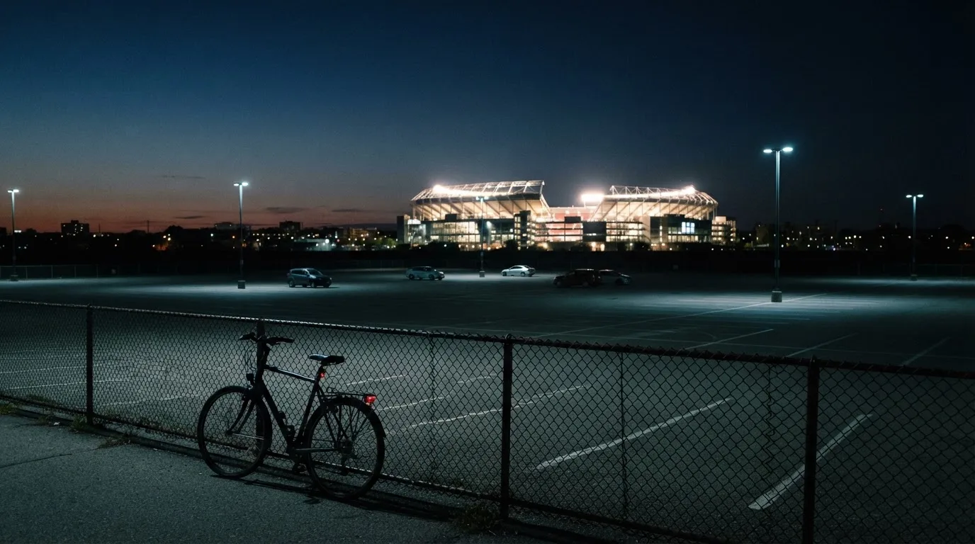 Ein Stadion unter Flutlicht aus der Ferne gesehen, davor ein dunkler Parkplatz und ein einzelnes Fahrrad an einem Zaun.