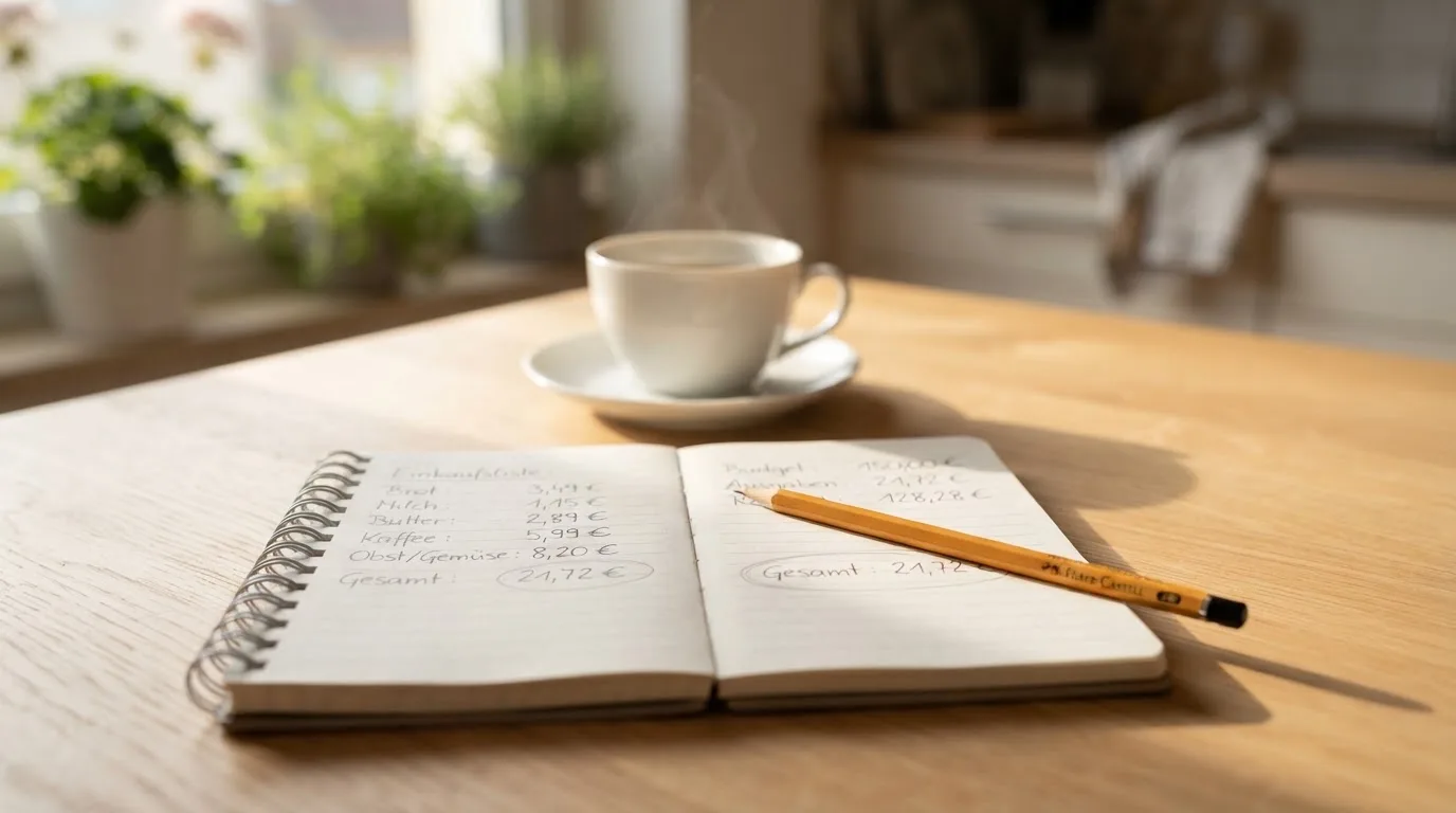 Ein Notizbuch mit handschriftlichen Zahlenreihen und ein Bleistift liegen auf einem Küchentisch neben einer Tasse.