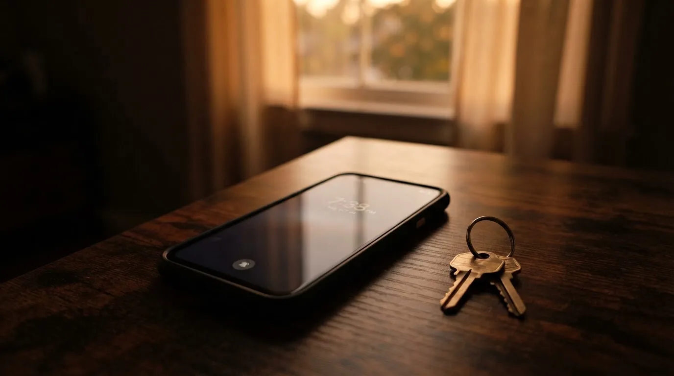 Ein Smartphone mit dunklem Display liegt auf einem Holztisch, daneben ein Schlüsselbund, im Hintergrund ein Fenster mit Abendlicht.