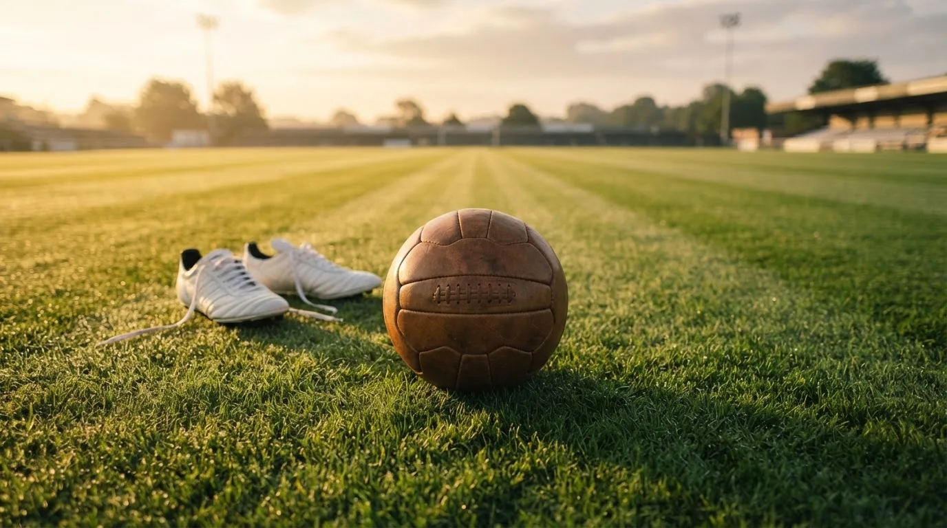 Ein Fußball auf frisch gemähtem Rasen im Morgenlicht, daneben ein Paar Fußballschuhe ohne erkennbare Marke.