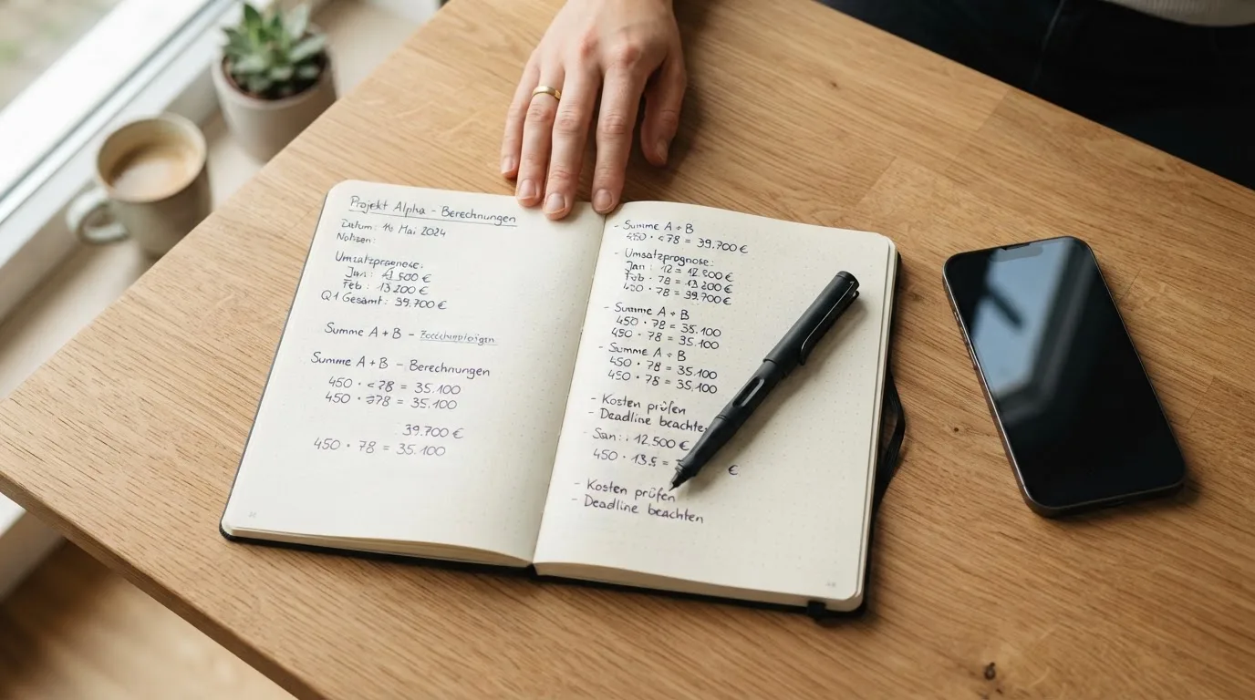 Ein Notizbuch mit handgeschriebenen Zahlen und ein Kugelschreiber liegen auf einem Tisch, daneben ein Smartphone mit schwarzem Bildschirm.