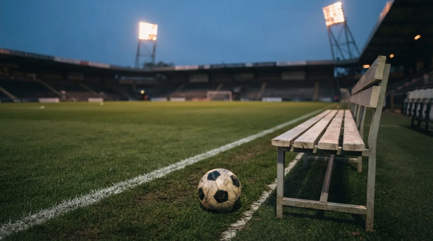 Ein Fußball liegt am Spielfeldrand neben einer leeren Ersatzbank, das Flutlicht über dem Platz leuchtet in der Dämmerung.