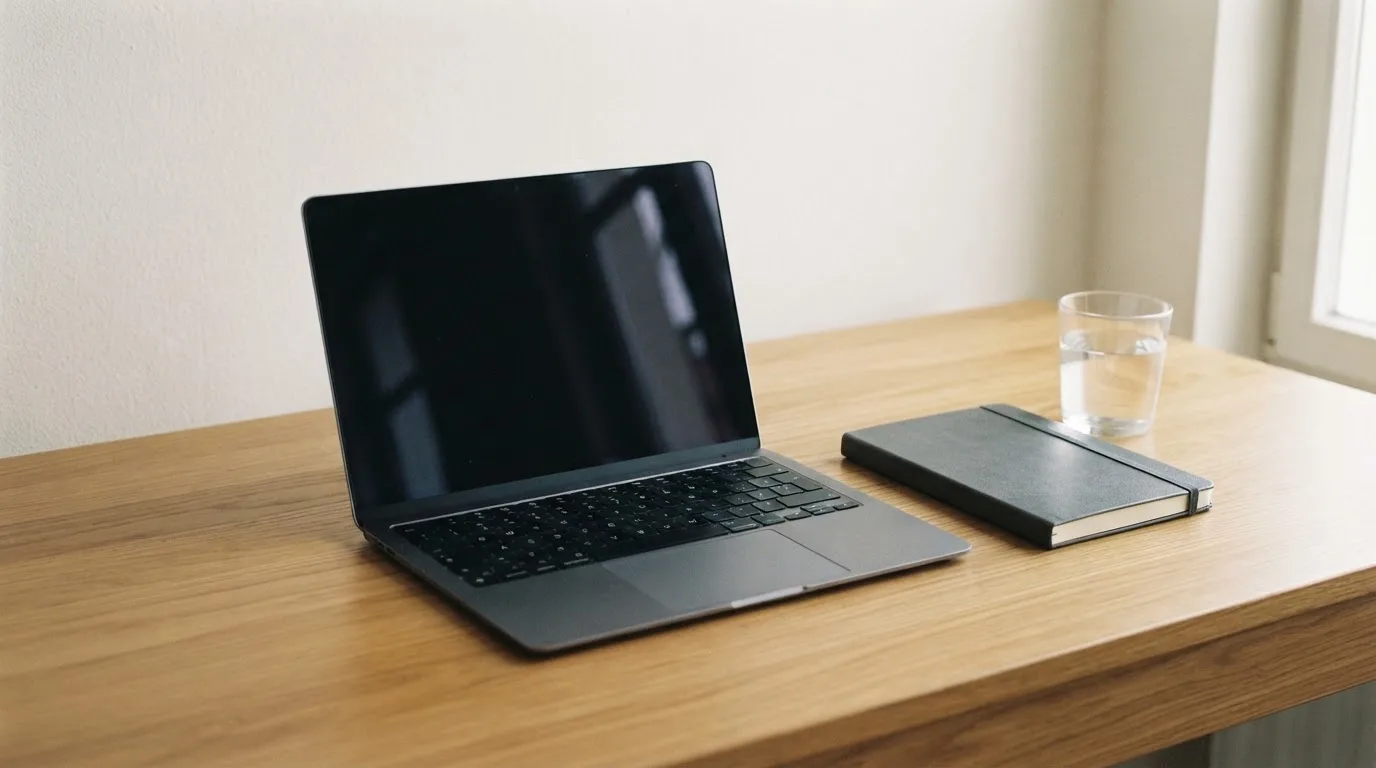 Ein Laptop mit dunklem Bildschirm steht aufgeklappt auf einem Schreibtisch, daneben ein Notizbuch und ein Glas Wasser.