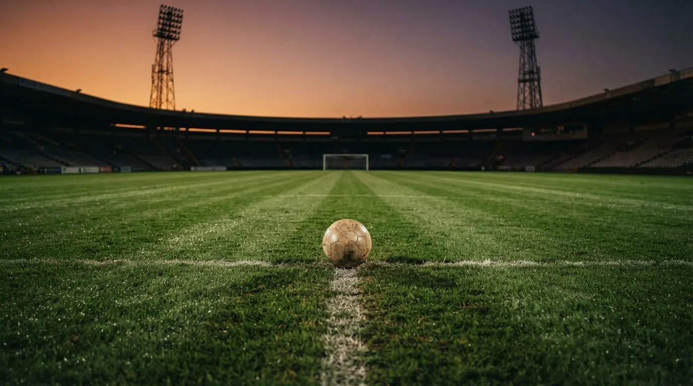 Ein Fußball liegt auf dem Anstoßpunkt eines Rasenplatzes in der Abenddämmerung, Flutlichtmasten stehen unscharf im Hintergrund.