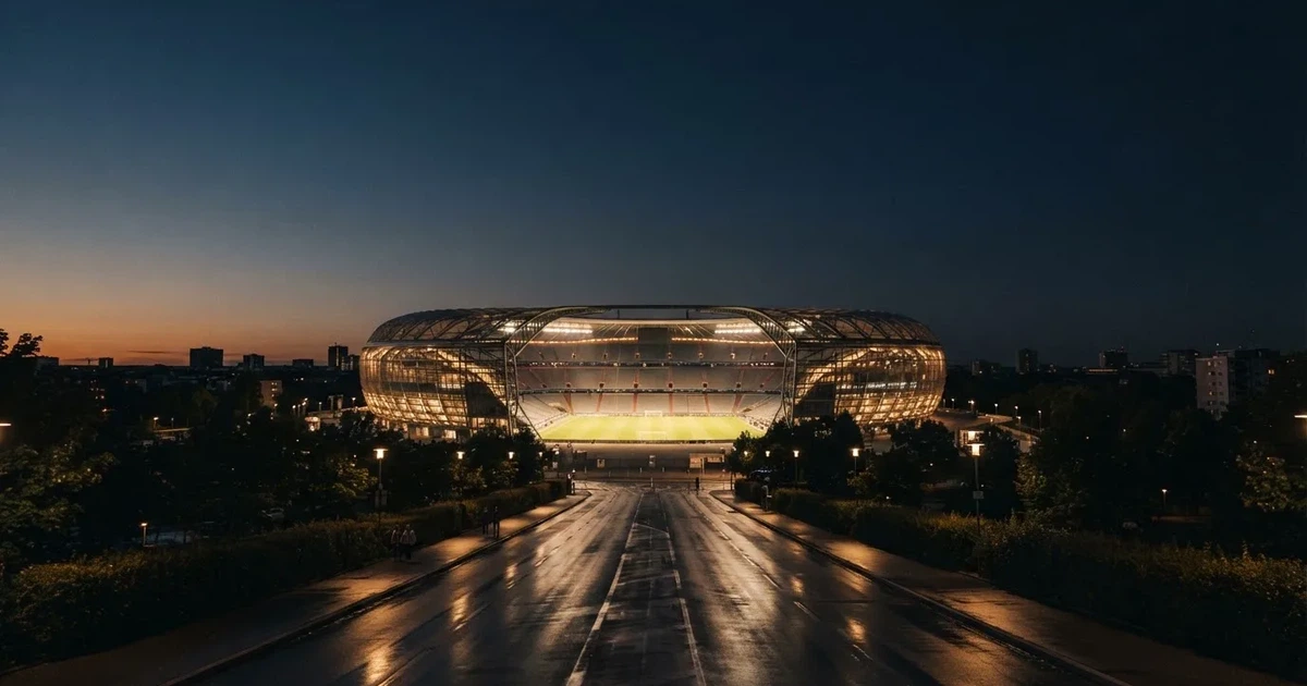 Ein hell erleuchtetes Fußballstadion bei Nacht aus der Ferne gesehen, über dem Dach ein klarer Himmel, davor eine leere Straße.