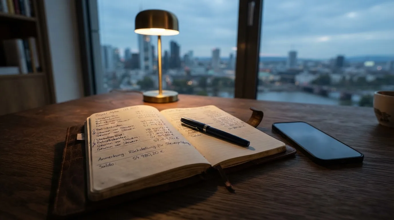 Ein Notizbuch mit handschriftlichen Zahlen liegt neben einem Smartphone mit dunklem Display auf einem Tisch, im Fenster Dämmerlicht.