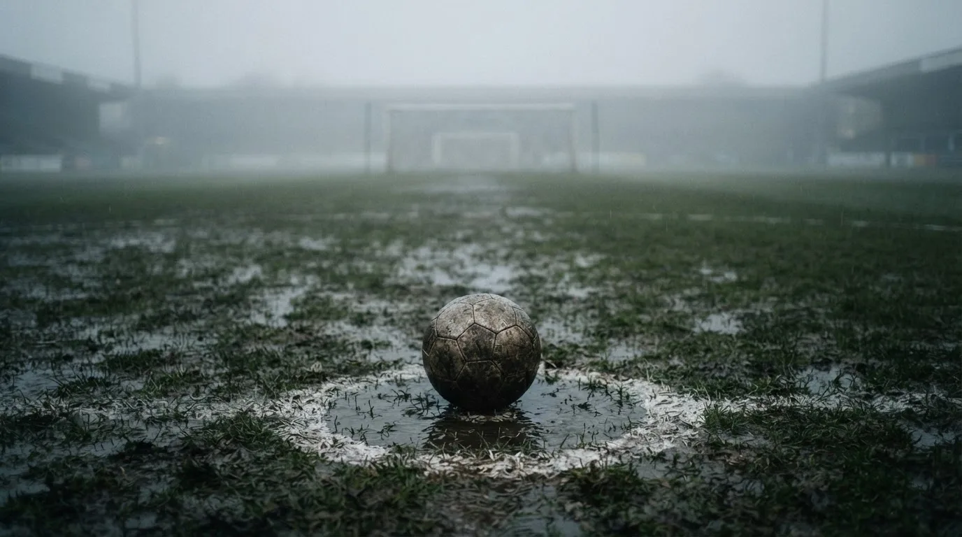 Ein Fußball liegt auf dem Elfmeterpunkt eines nassen Rasenplatzes, im Hintergrund ein leeres Tor im Nebel.