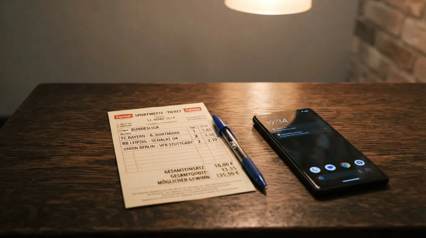 Ein leerer Papier-Wettschein und ein Kugelschreiber liegen auf einem Holztisch neben einem schwarzen Smartphone.