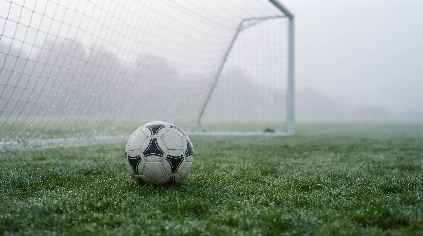Ein Fußball liegt auf dem Rasen vor einem Tor im Morgennebel, die Netzmaschen sind taufeucht.