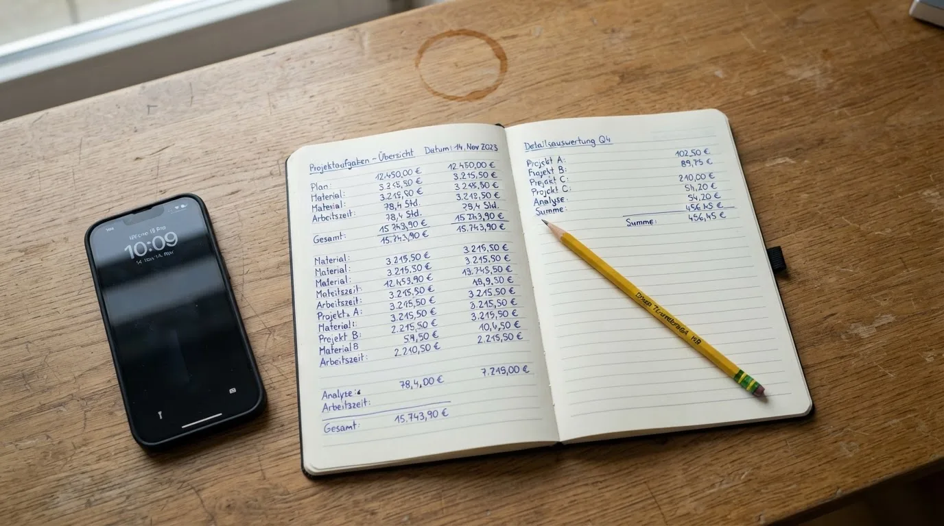 Ein Notizbuch mit handschriftlichen Zahlenreihen liegt neben einem Bleistift und einem Smartphone mit dunklem Display auf einem Tisch.
