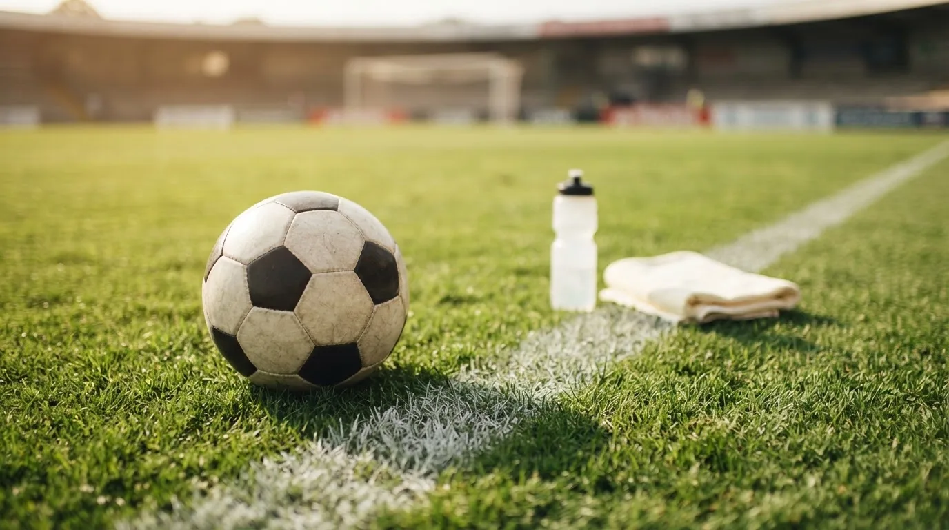 Ein Fußball auf einer Wiese neben der Seitenlinie, daneben eine Trinkflasche ohne Aufdruck und ein Handtuch.