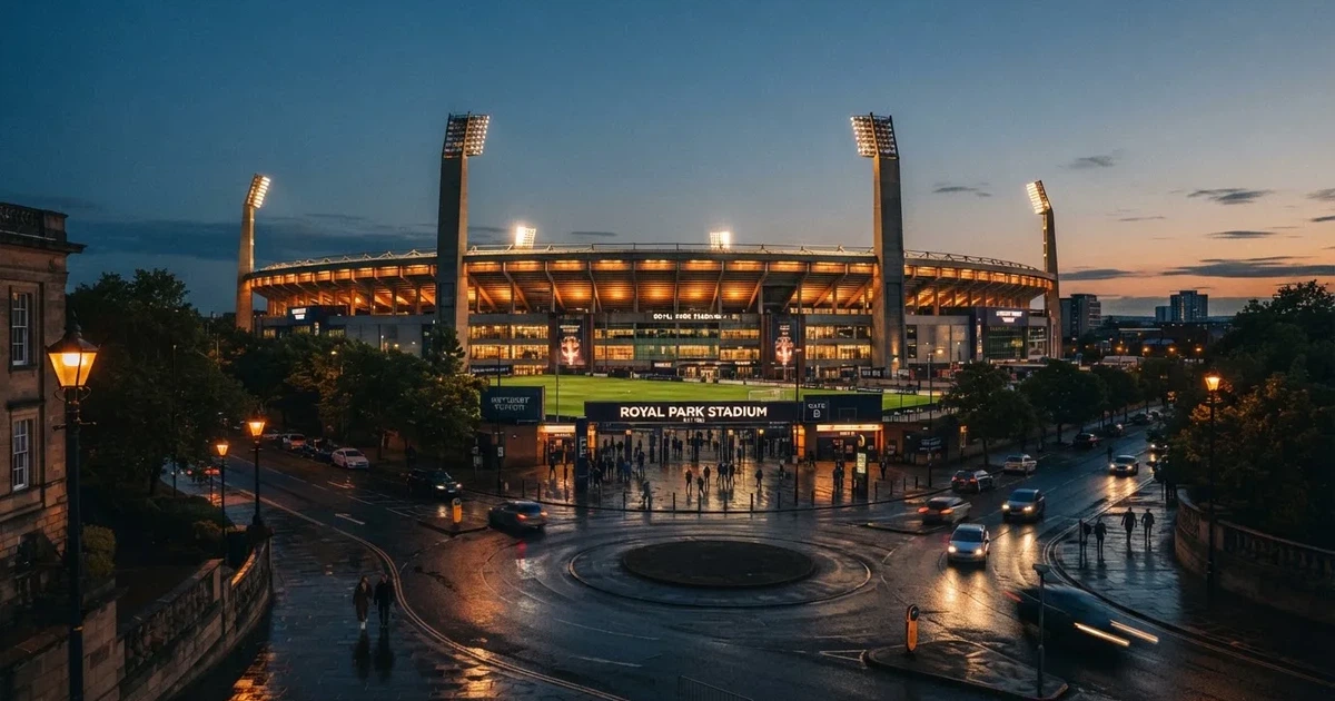 Ein Fußballstadion in der Dämmerung aus der Ferne, die Flutlichter gerade eingeschaltet, davor ein Kreisverkehr mit Laternen.