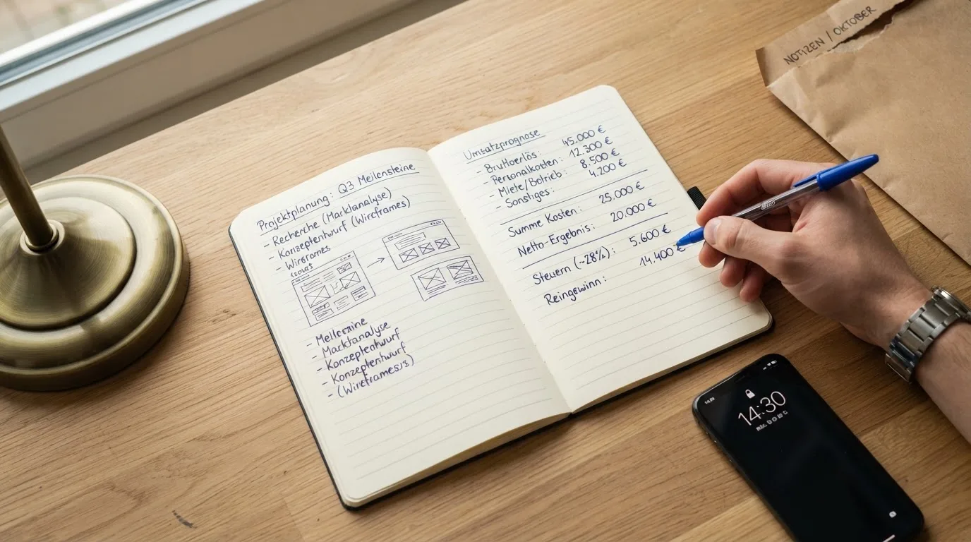 Ein Notizbuch mit handschriftlichen Notizen und ein Taschenrechner liegen auf einem Schreibtisch neben einem Smartphone mit dunklem Display.