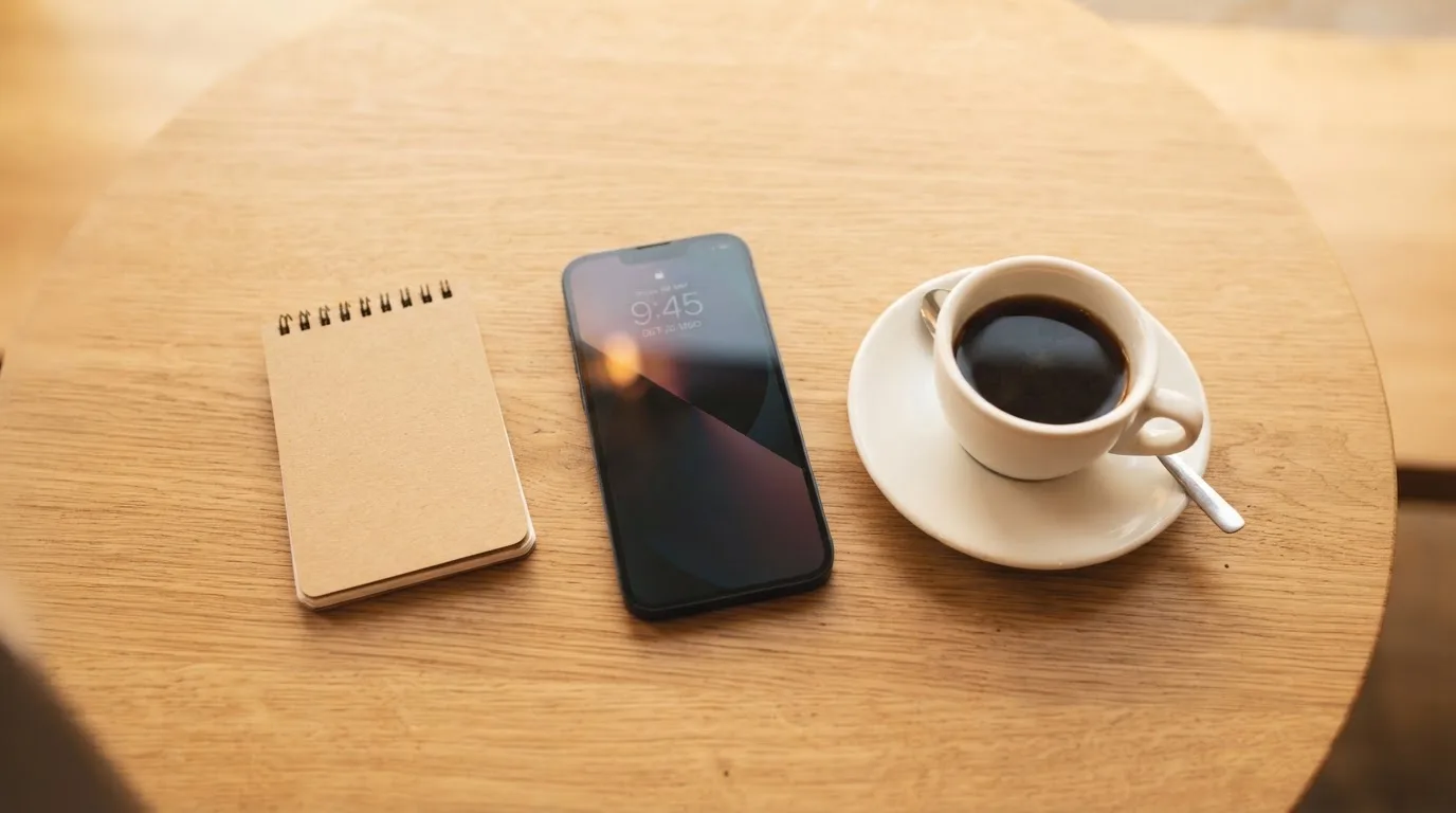 Ein Smartphone liegt mit schwarzem Display neben einer Kaffeetasse und einem Notizblock auf einem Café-Tisch.