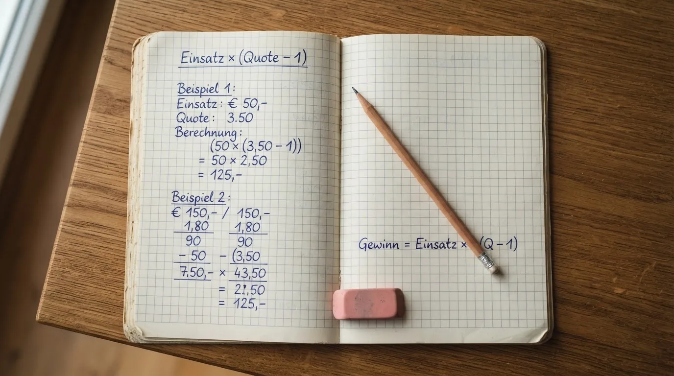 Ein Notizbuch mit handschriftlichen Multiplikationen liegt aufgeschlagen auf einem Holztisch, daneben ein Bleistift und ein Radiergummi.