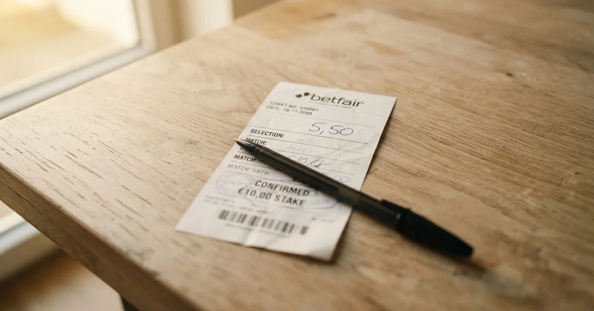 Ein Taschenrechner liegt auf einem leeren Papier-Wettschein neben einem Kugelschreiber auf einem hellen Schreibtisch.