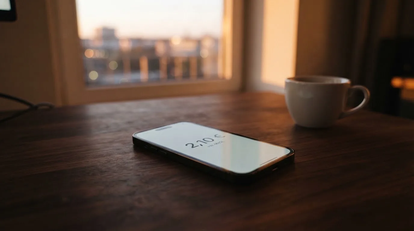 Ein Smartphone mit dunklem Display liegt neben einer Kaffeetasse auf einem Schreibtisch, durch das Fenster fällt Abendlicht.