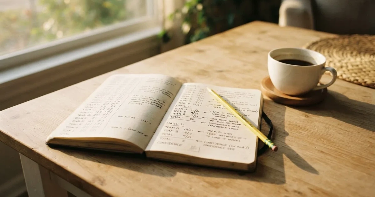 Ein aufgeschlagenes Notizbuch mit handgezeichneten Spalten und Strichen liegt neben einem Bleistift und einer Kaffeetasse auf einem Tisch am Morgen.