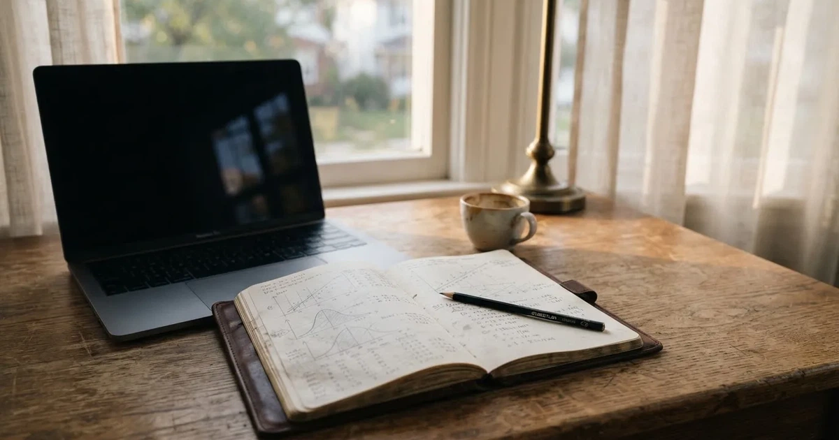 Ein Laptop-Bildschirm bleibt dunkel, davor ein Notizbuch mit handgezeichneten Kurven und ein Bleistift auf einem Schreibtisch am Fenster.