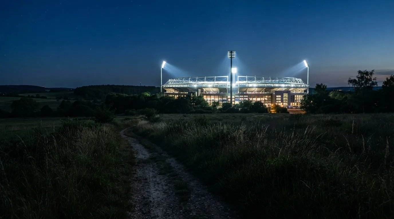Ein Stadion unter Flutlicht von weitem gesehen, davor ein Feld und ein Feldweg im Dunkeln.